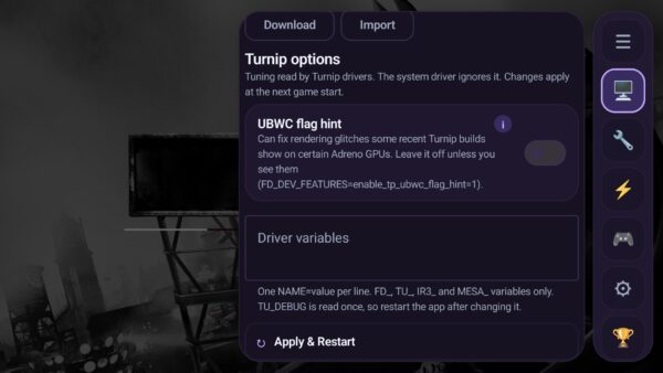 The new Turnip controls in ARMSX3 1.0.6.1: UBWC flag hint and custom driver variables.