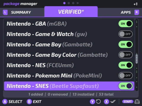Onion’s Package Manager lists supported systems and their emulator cores. The separate 71-core test pack requires manual installation