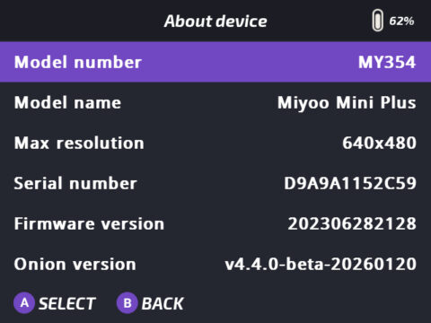 Open MainUI’s About Device screen on a Miyoo Mini Plus