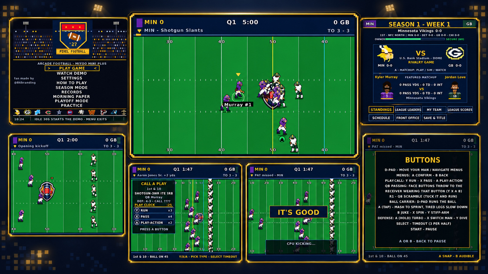 Pixel Football ’27 on Miyoo Mini Plus, from season management and play selection to action on the field. Screenshots: 86 Brand Studio.
